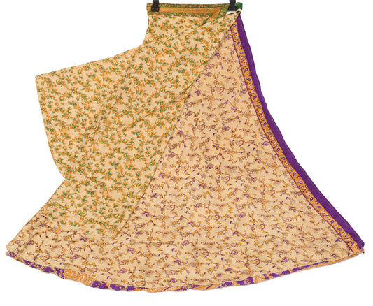 Sushila Vintage Floral Beige Art Silk Saree Magic Wrap Reversible Skirt Beach Dress
