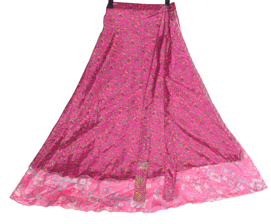 Sushila Vintage Floral Art Silk Saree Magic Wrap Reversible Skirt Beach Dress Pink