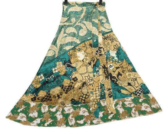Sushila Vintage Art Silk Saree Magic Wrap Reversible Skirt Beach Dress Green Paisley