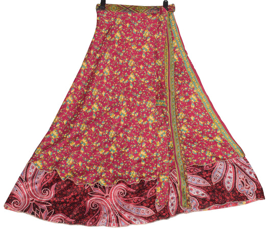Sushila Vintage Magenta Art Silk Saree Magic Wrap Reversible Skirt Floral Beach Dress