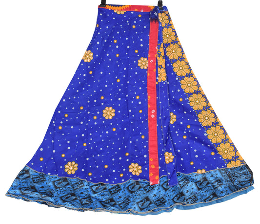 Sushila Vintage Blue Art Silk Saree Magic Wrap Reversible Skirt Floral Beach Dress