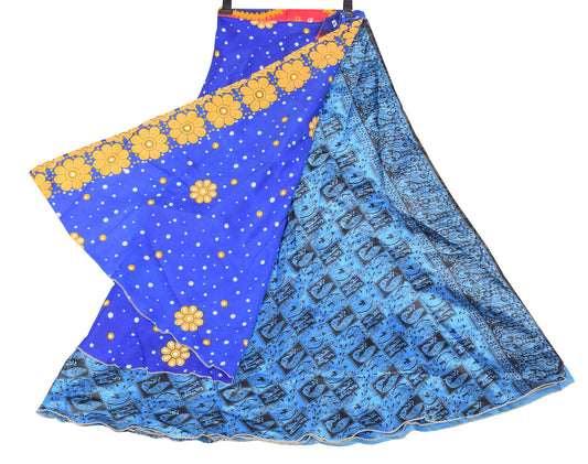 Sushila Vintage Blue Art Silk Saree Magic Wrap Reversible Skirt Floral Beach Dress