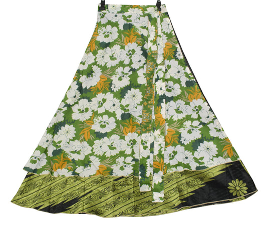 Sushila Vintage Art Silk Saree Magic Wrap Reversible Skirt Floral Green Beach Dress