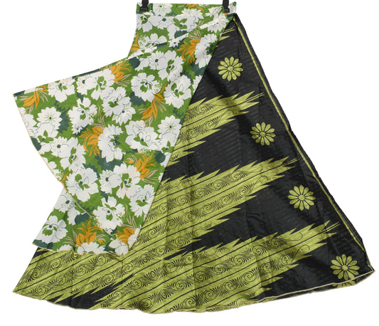Sushila Vintage Art Silk Saree Magic Wrap Reversible Skirt Floral Green Beach Dress