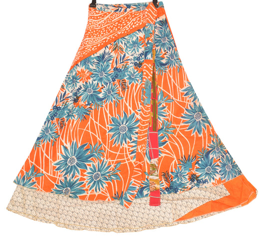 Sushila Vintage Floral Orange Art Silk Saree Magic Wrap Reversible Skirt Beach Dress