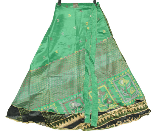 Sushila Vintage Green Art Silk Saree Magic Wrap Reversible Skirt Beach Dress Boho