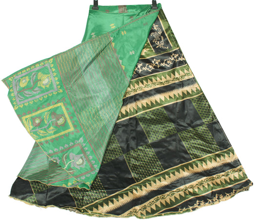 Sushila Vintage Green Art Silk Saree Magic Wrap Reversible Skirt Beach Dress Boho