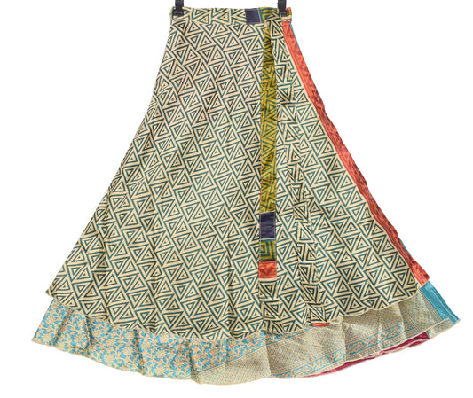 Sushila Vintage Beige Art Silk Saree Magic Wrap Reversible Skirt 2 Layer Beach Dress
