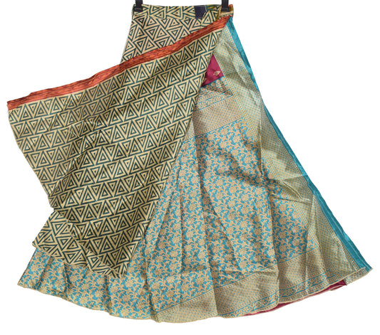 Sushila Vintage Beige Art Silk Saree Magic Wrap Reversible Skirt 2 Layer Beach Dress