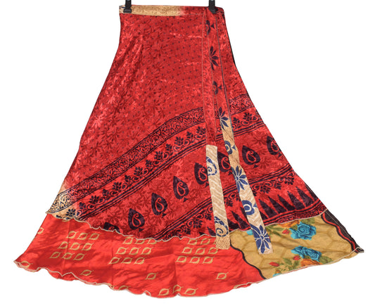Sushila Vintage Art Silk Saree Magic Wrap Reversible Red Floral Skirt Beach Dress