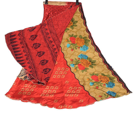 Sushila Vintage Art Silk Saree Magic Wrap Reversible Red Floral Skirt Beach Dress