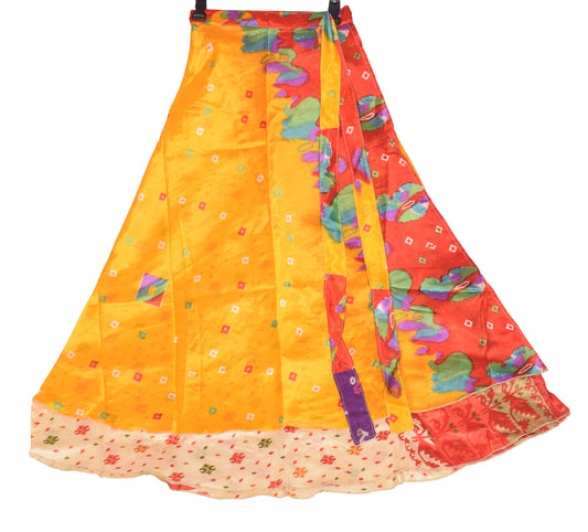 Sushila Vintage Art Silk Saree Magic Wrap Reversible Skirt Beach Dress Yellow Boho