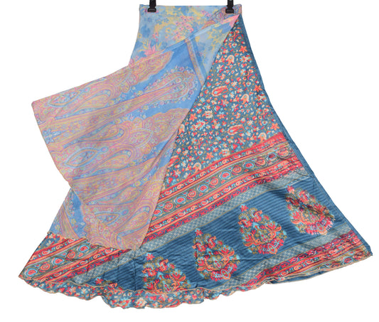 Sushila Vintage Steel Blue Art Silk Saree Magic Wrap Reversible Skirt Beach Dress