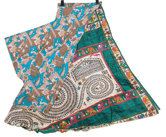 Sushila Vintage Art Silk Saree Magic Wrap Reversible Skirt Warli Print Beach Dress