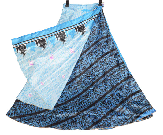 Sushila Vintage Art Silk Saree Magic Wrap Reversible Skirt Black Animal Print