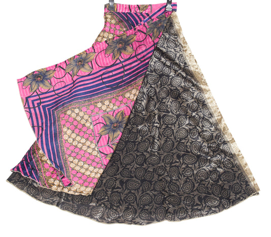 Sushila Vintage Art Silk Saree Magic Wrap Reversible Skirt Beach Dress Paisley Black