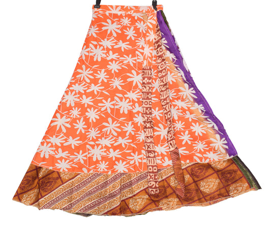 Sushila Vintage Art Silk Saree Magic Wrap Reversible Skirt Beach Floral Dress Orange