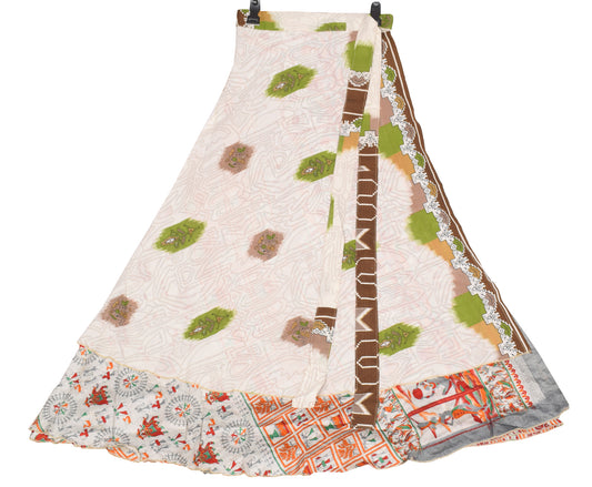 Sushila Vintage White Art Silk Saree Magic Wrap Reversible Skirt Warli Print Dress