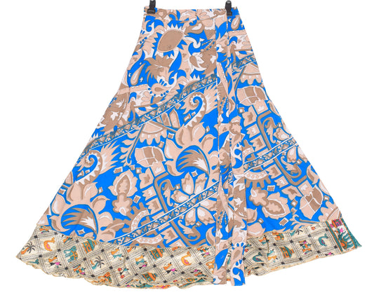 Sushila Vintage Blue Art Silk Saree Magic Wrap Reversible Skirt Warli Print Beach Dress