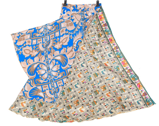 Sushila Vintage Blue Art Silk Saree Magic Wrap Reversible Skirt Warli Print Beach Dress