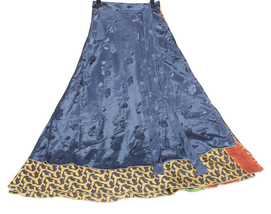 Sushila Vintage Art Silk Saree Magic Wrap Reversible Skirt Greyish Blue Beach Dress