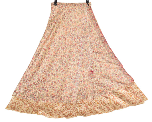 Sushila Vintage Beige Art Silk Saree Magic Wrap Reversible Skirt Floral Dress