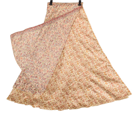 Sushila Vintage Beige Art Silk Saree Magic Wrap Reversible Skirt Floral Dress