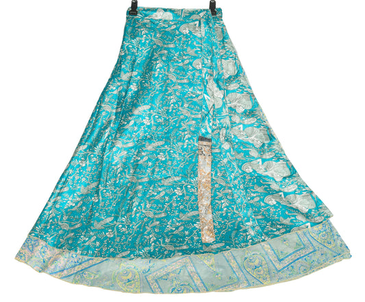 Sushila Vintage Gray Art Silk Saree Magic Wrap Reversible Skirt Birds Print Dress