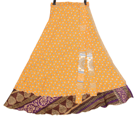 Sushila Vintage Art Silk Saree Magic Wrap Reversible Skirt Floral Yellow Dress