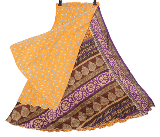 Sushila Vintage Art Silk Saree Magic Wrap Reversible Skirt Floral Yellow Dress