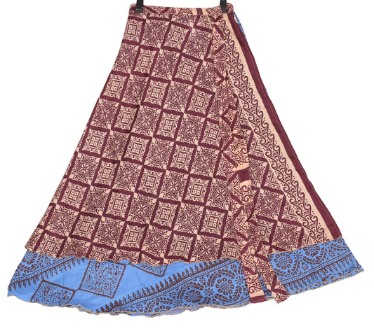 Sushila Vintage Blue Art Silk Saree Magic Wrap Reversible Skirt Beach Dress  Boho