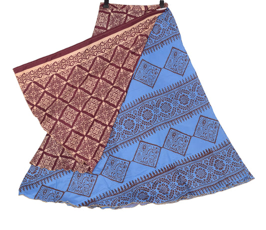 Sushila Vintage Blue Art Silk Saree Magic Wrap Reversible Skirt Beach Dress  Boho