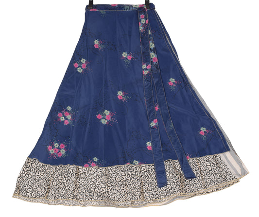 Sushila Vintage Art Silk Saree Magic Wrap Reversible Skirt Beach Dress Floral Blue