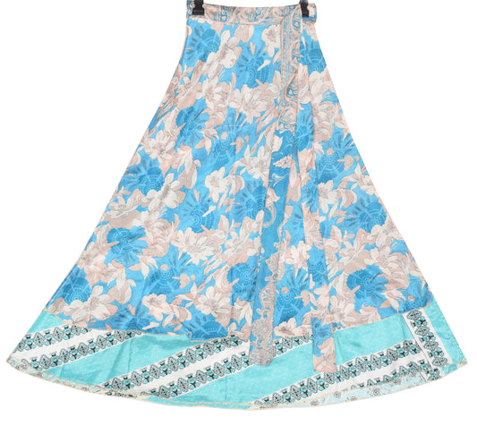 Sushila Vintage Turq-Blue Art Silk Saree Magic Wrap Reversible Skirt Beach Dress