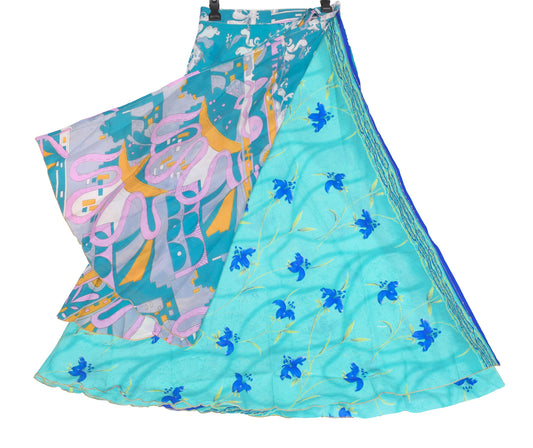 Sushila Vintage Aqua Green Art Silk Saree Magic Wrap Reversible Skirt Dress
