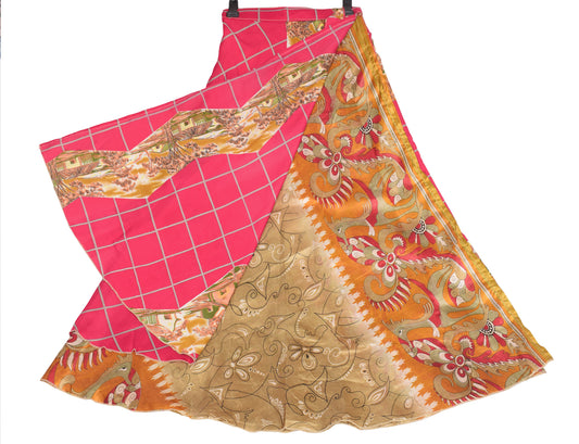 Sushila Vintage Art Silk Saree Magic Wrap Reversible Skirt Beach Dress Magenta Checks