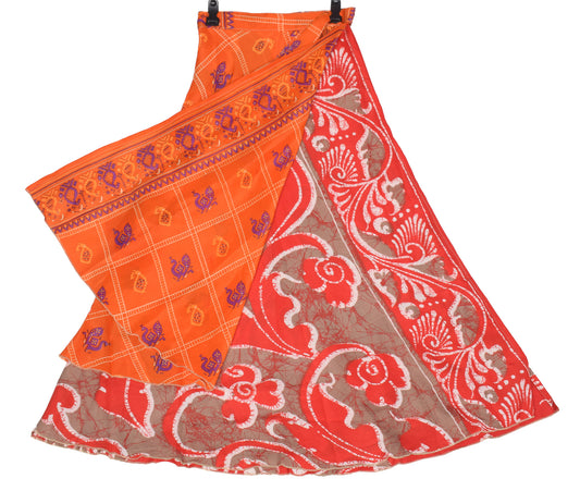 Sushila Vintage Orange Art Silk Saree Magic Wrap Reversible Peacock Skirt Beach Dress