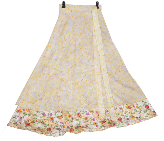 Sushila Vintage Yellow Art Silk Saree Magic Wrap Reversible Skirt Floral Dress