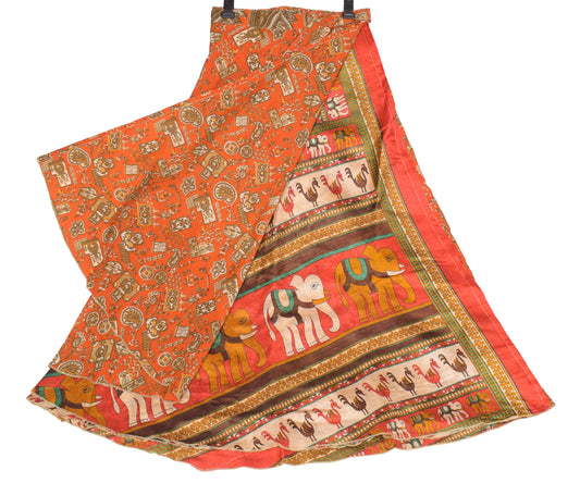 Sushila Vintage Art Silk Saree Magic Wrap Reversible Skirt Elephant Print Dress