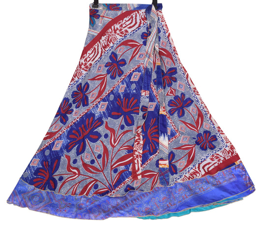 Sushila Vintage Magic Wrap Reversible Skirt Beach Dress Blue Art Silk Saree