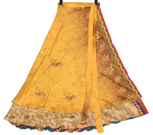 Sushila Vintage Magic Wrap Reversible Skirt Beach Dress Yellow Art Silk Saree