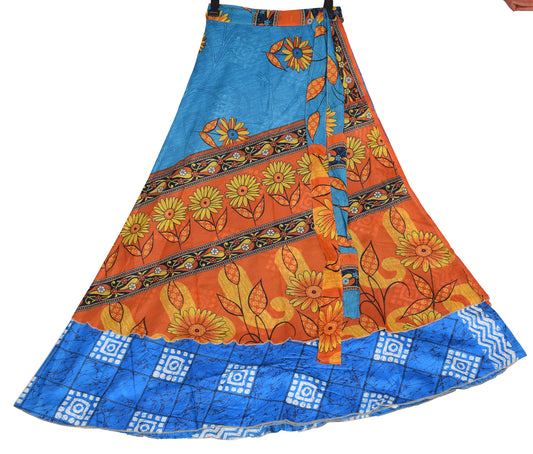 Sushila Vintage Blue Art Silk Saree Magic Wrap Reversible Skirt Beach Dress