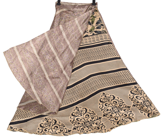 Sushila Vintage Beige Art Silk Saree Magic Wrap Reversible Skirt Floral Dress