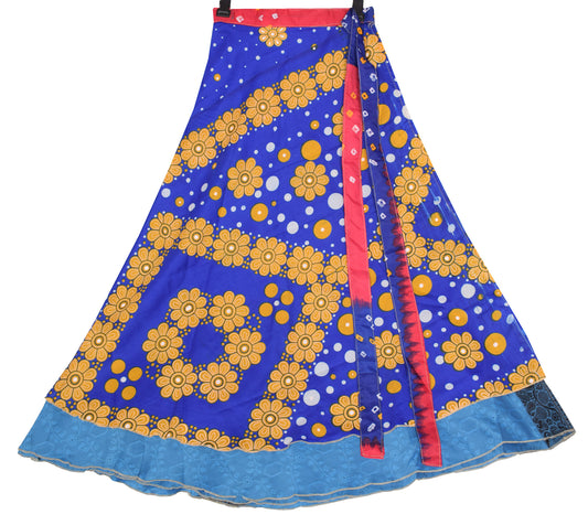 Sushila Vintage Floral Blue Saree Magic Wrap Reversible Skirt Beach Dress Art Silk
