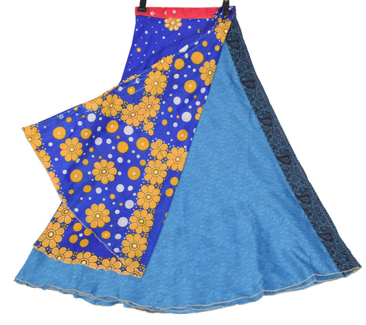 Sushila Vintage Floral Blue Saree Magic Wrap Reversible Skirt Beach Dress Art Silk
