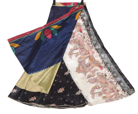 Sushila Vintage Figure Print Art Silk Saree Magic Wrap Reversible Skirt Dress