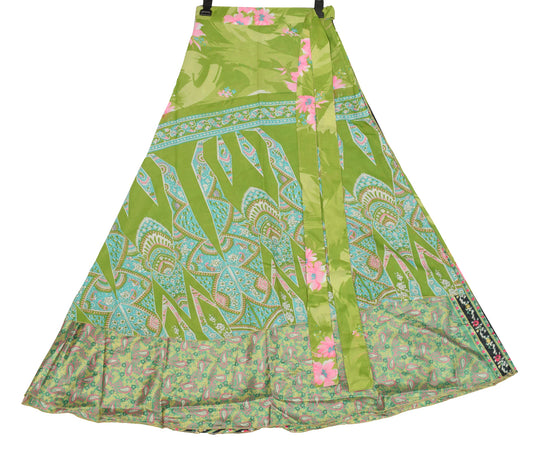 Sushila Vintage Art Silk Saree Magic Wrap Reversible Skirt Green Floral Dress