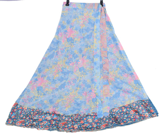Sushila Vintage Art Silk Saree Magic Wrap Floral Blue Reversible Skirt Beach Dress