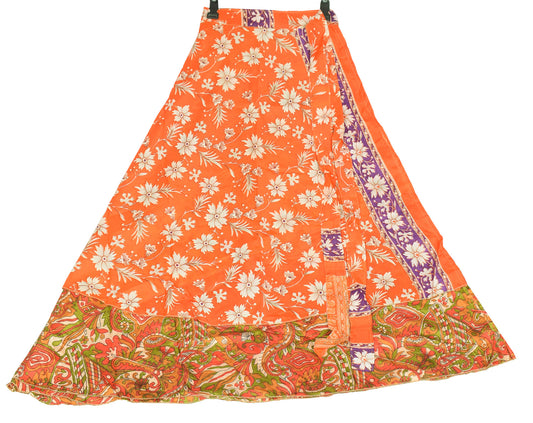 Sushila Vintage Art Silk Saree Magic Wrap Reversible Skirt Floral Orange Dress