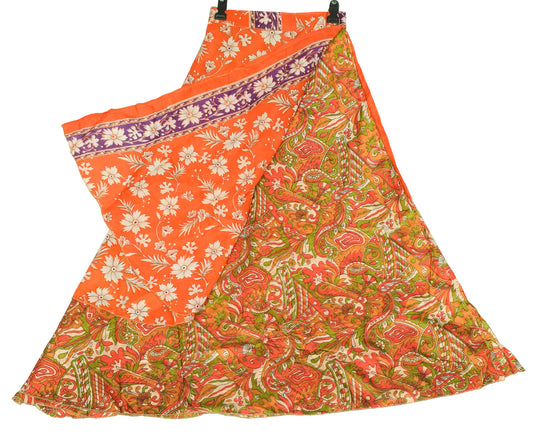 Sushila Vintage Art Silk Saree Magic Wrap Reversible Skirt Floral Orange Dress